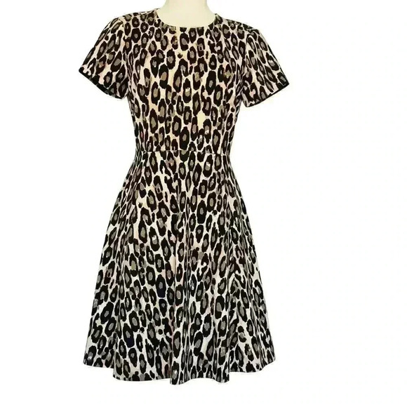 KATE SPADE Women Autumn Leopard Dress 2 Tan Brown Short Sleeve A-Line Ponte Knit - Picture 4 of 8